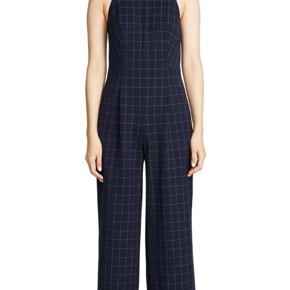 Club Monaco Self Buckle Jumpsuit Navy/White Windowpane/Grid Pattern - Picture 1 of 3